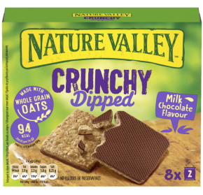 A box of Nature Valley crunchy dipped flavour milk chocolate made with whole grain oats