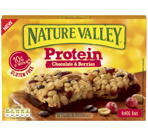 A packshot of nature valley product showing protein chocolate and berries bar