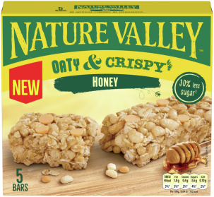 A new box of Nature Valley oats and crispy with honey flavour and 30% less sugar