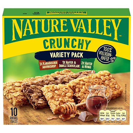 A Family Pack of Nature valley crunch variety pack bars x 10 including flavours Canadian Maple Syrup, Oats & Dark Chocolate, Oats & Honey